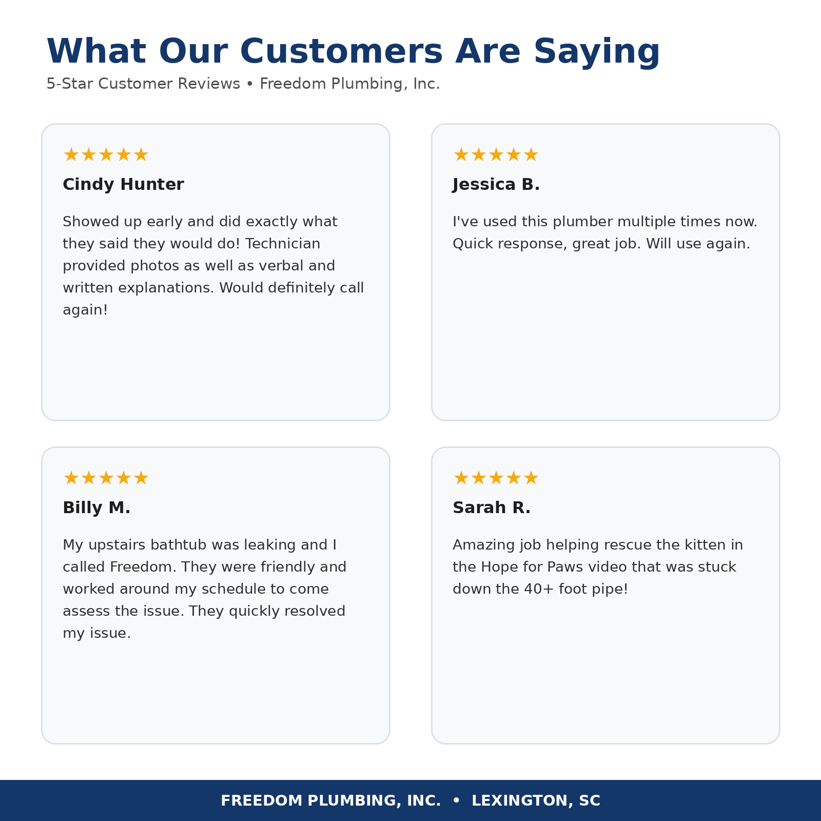 Five star customer reviews for Freedom Plumbing in Lexington, SC